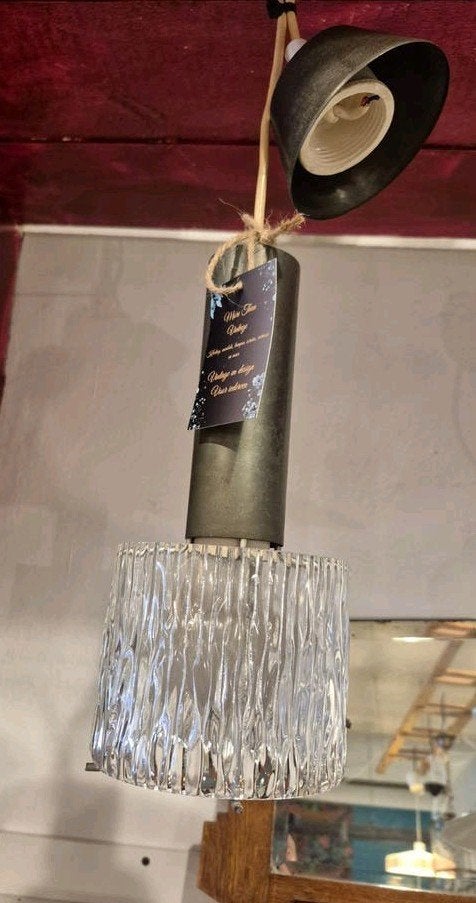 Vintage hanglamp met geribbeld glazen kapje, Ophalen of Verzenden