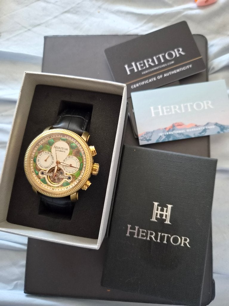 Automatic horloge van herritor. Zwart met goud, Overige materialen, Leer, Polshorloge, Nieuw