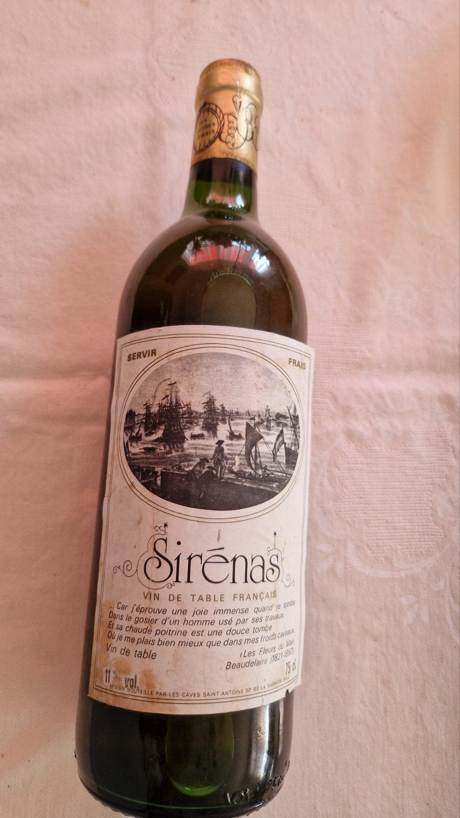 Sirenas Vin de Table Français - Vintage Wijnfles, Verzamelen, Wijnen, Gebruikt, Overige typen, Frankrijk, Ophalen of Verzenden