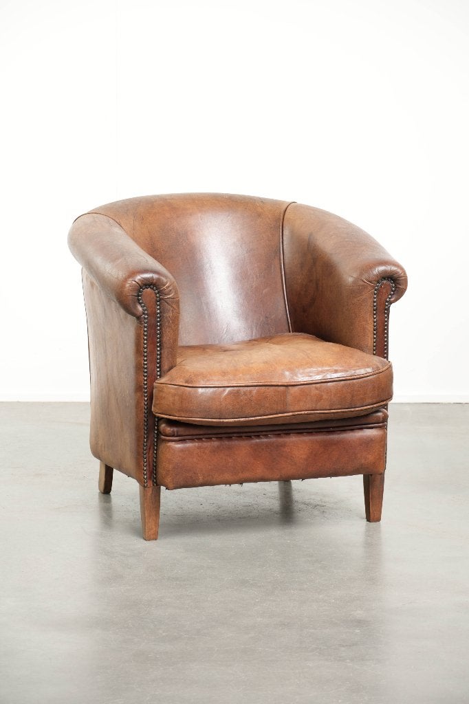 Cognac kleurige schapenleren clubfauteuil in Engelse stijl, Ophalen, Gebruikt, /, Engels