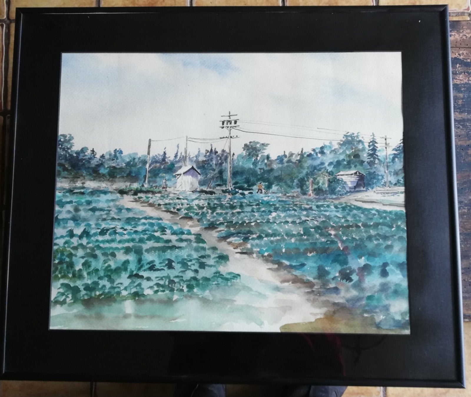 Jacques Dornart, Boer in koolveld. Aquarel. 60/45 cm., Landschap, Aquarel, Passe-partout, Papier/karton