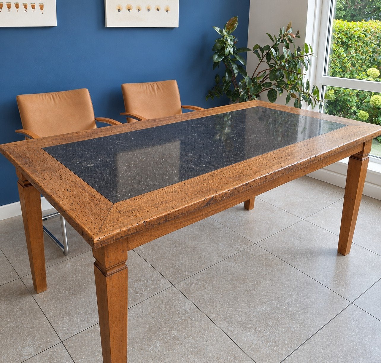 Teakhouten eettafel met belgisch hardsteen 180 cm - 90 cm, Ophalen, Gebruikt, Teakhout, 50 tot 100 cm