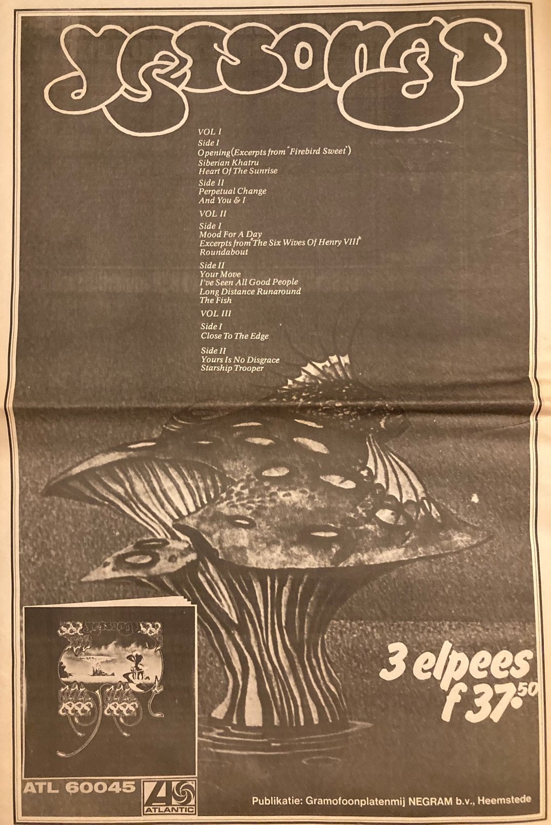 Paginagrote A3 advertentie YES Yessong release, Ophalen of Verzenden, Gebruikt