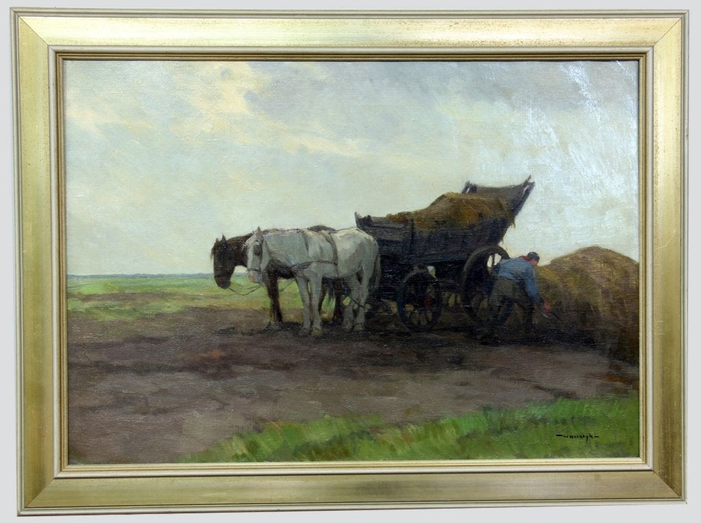 Willem Noordijk(1887) Olie op doek" Hooien Boer en Paard"Ges, Doek, Oud hollands, Ophalen of Verzenden, Landschap