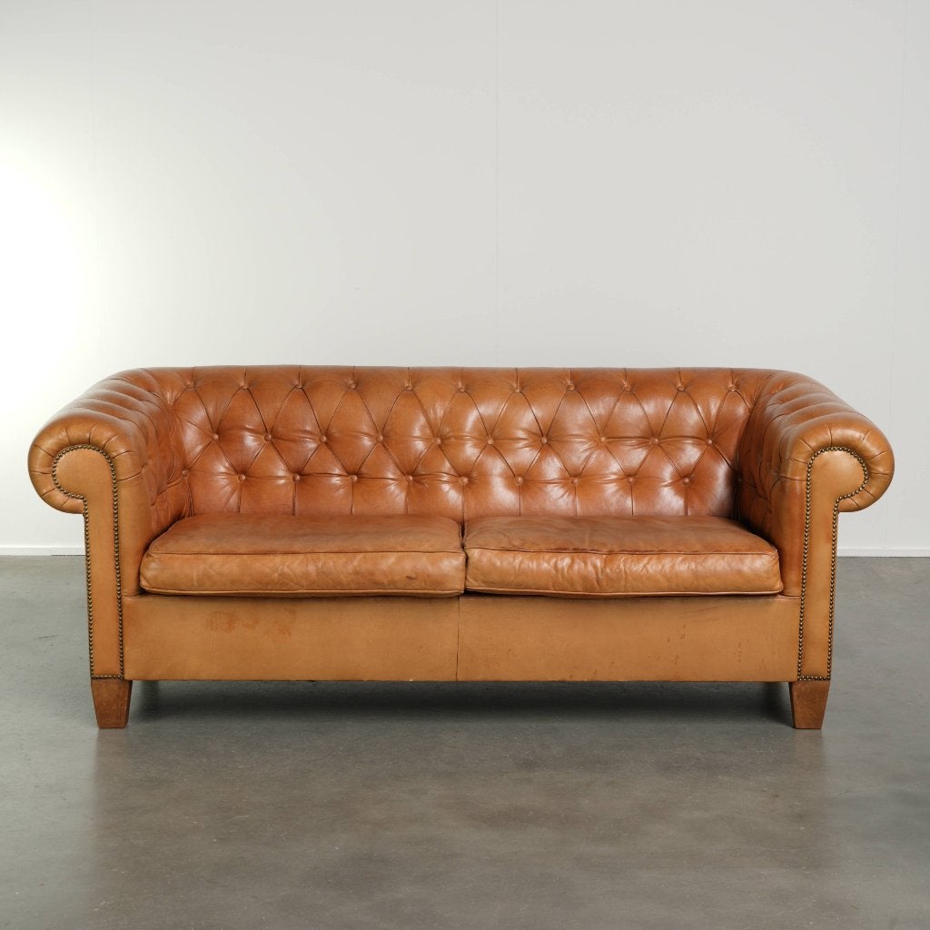 Unieke schapenleren 2.5 zits chesterfield bank, Ophalen, Gebruikt, 100 tot 125 cm, Chesterfield