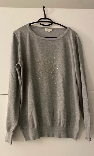 Grijze trui met bloem in strass, Ophalen of Verzenden, Zo goed als nieuw, Grijs, Maat 46/48 (XL) of groter