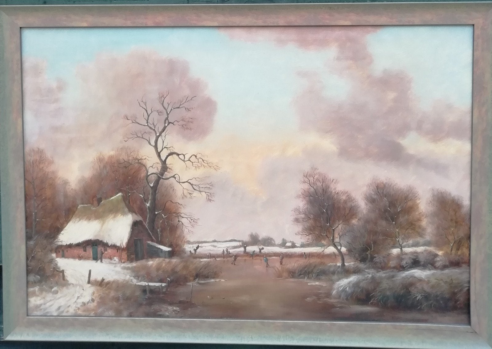 Groot gesigneerd schilderij: Hollands winterlandschap, Ophalen, Doek, Realistisch, Landschap