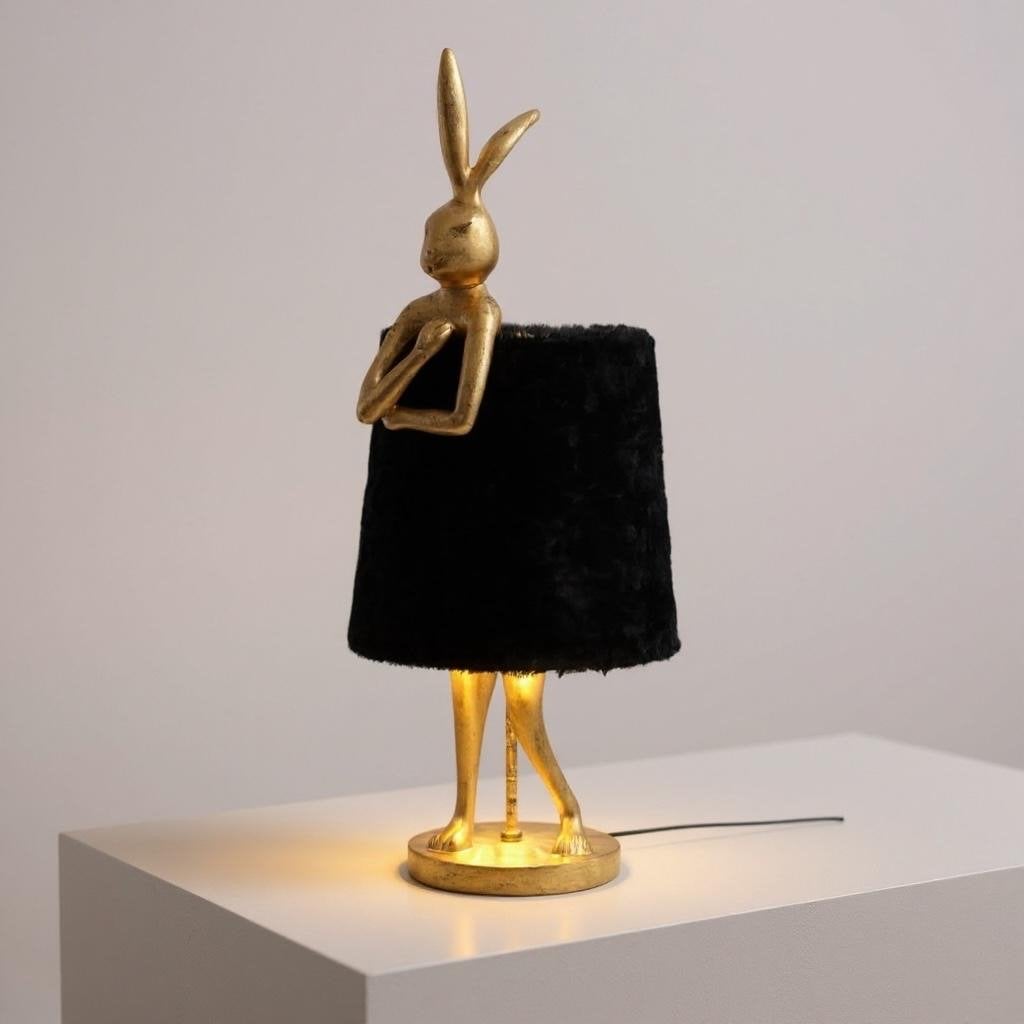 Gouden Konijn Tafellamp met Zwarte Pluche Kap 68cm, Met schakelaar, Overige merken, Nieuw, Sfeerlamp