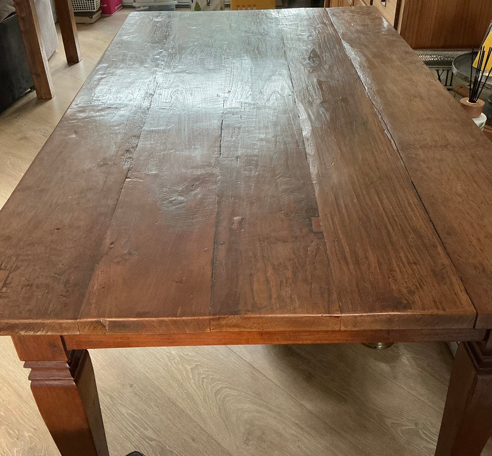Koloniale zware teakhouten tafel l 1.60, br 0.90 hoog 77.5, Ophalen, Gebruikt, Koloniaal, Teakhout