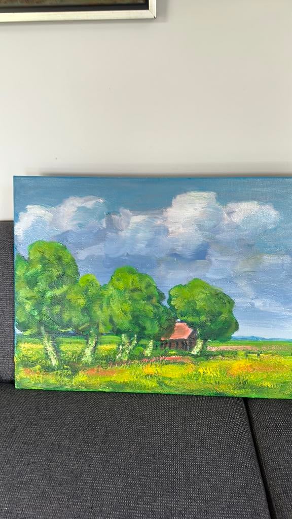 Prachtig groot olieverfschilderij landschap Wim vd Veer, Antiek en Kunst, Ophalen of Verzenden