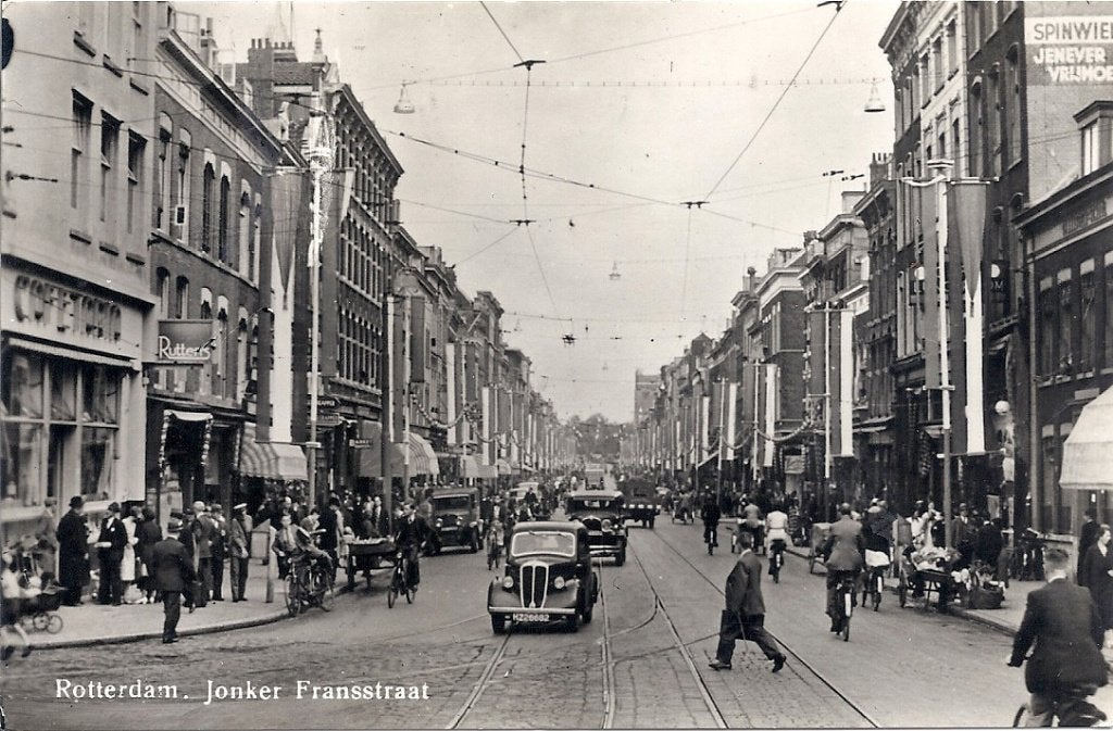 Rotterdam Jonker Fransstraat +veel mensen en auto,s ca 1940, Verzenden, 1940 tot 1960, Ongelopen, Zuid-Holland