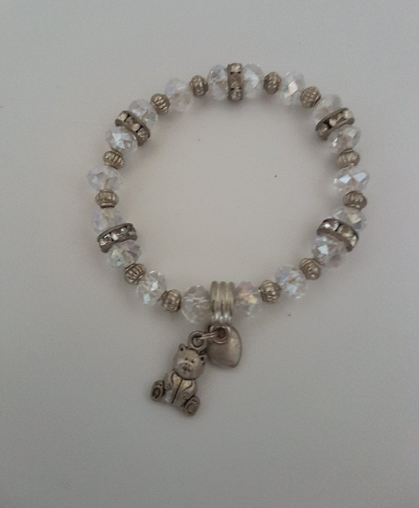 3 Armbanden, zilverkleurig, doorzichtig kralen, bedeltje, Sieraden, Tassen en Uiterlijk, Armbanden, Met bedels of kralen, Kunststof of Plastic