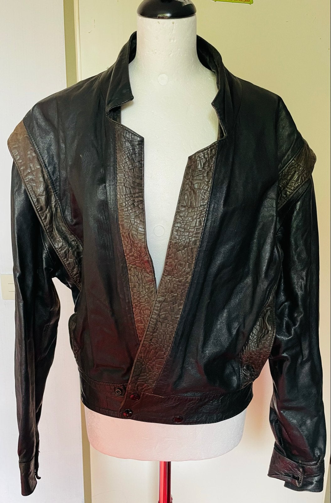 Vintage Leren Bomberjack met Krokodilprint Details, Ophalen of Verzenden, Gedragen, Maat 52/54 (L), Zwart