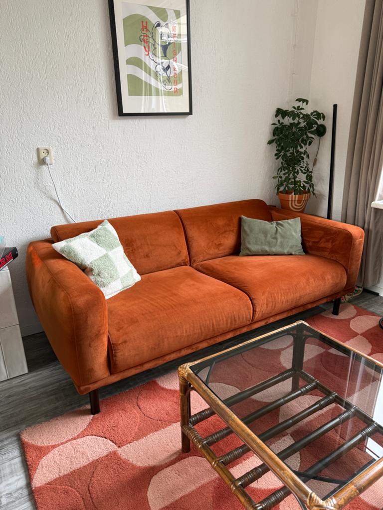 Terracotta velvet 3-zitsbank Kwantum Venezia Terra, Ophalen, 150 tot 200 cm, Driepersoons, 75 tot 100 cm
