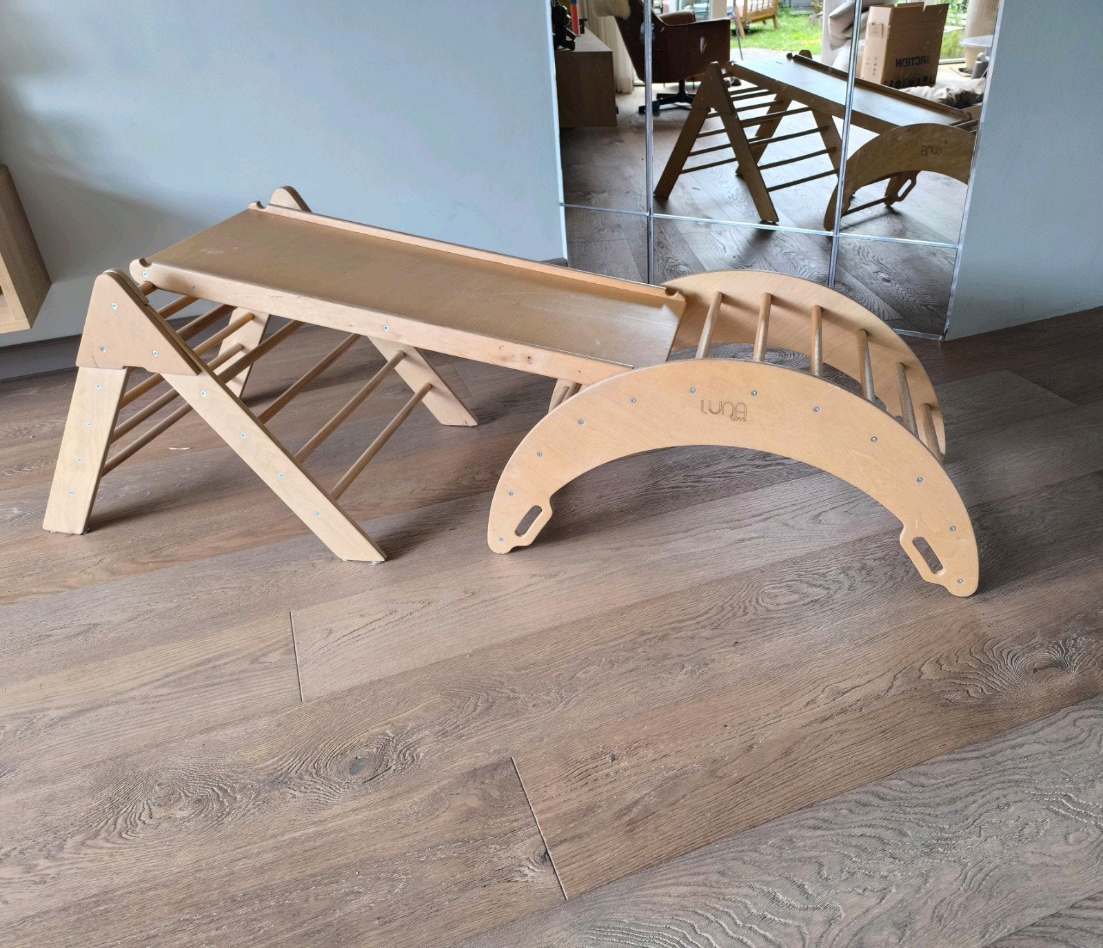 Luna toys 3-delig houten klimrek met glijbaan, Kinderen en Baby's, Speelgoed | Houten speelgoed, Ophalen, Gebruikt, Meubelstuk of Keukentje