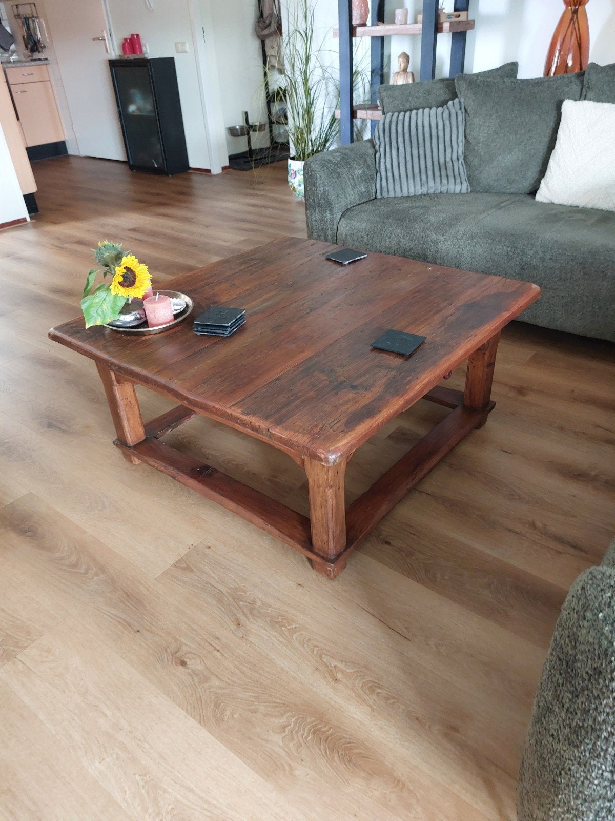 Oud grenen salontafel, Ophalen, Gebruikt, 50 tot 100 cm, Vierkant