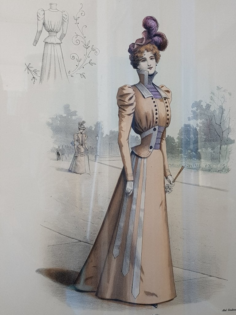 Grote antieke ingelijste mode gravure uit Frankrijk 57 cm., Antiek en Kunst, Ingelijst, Ophalen of Verzenden, Personages en Fantasiefiguren