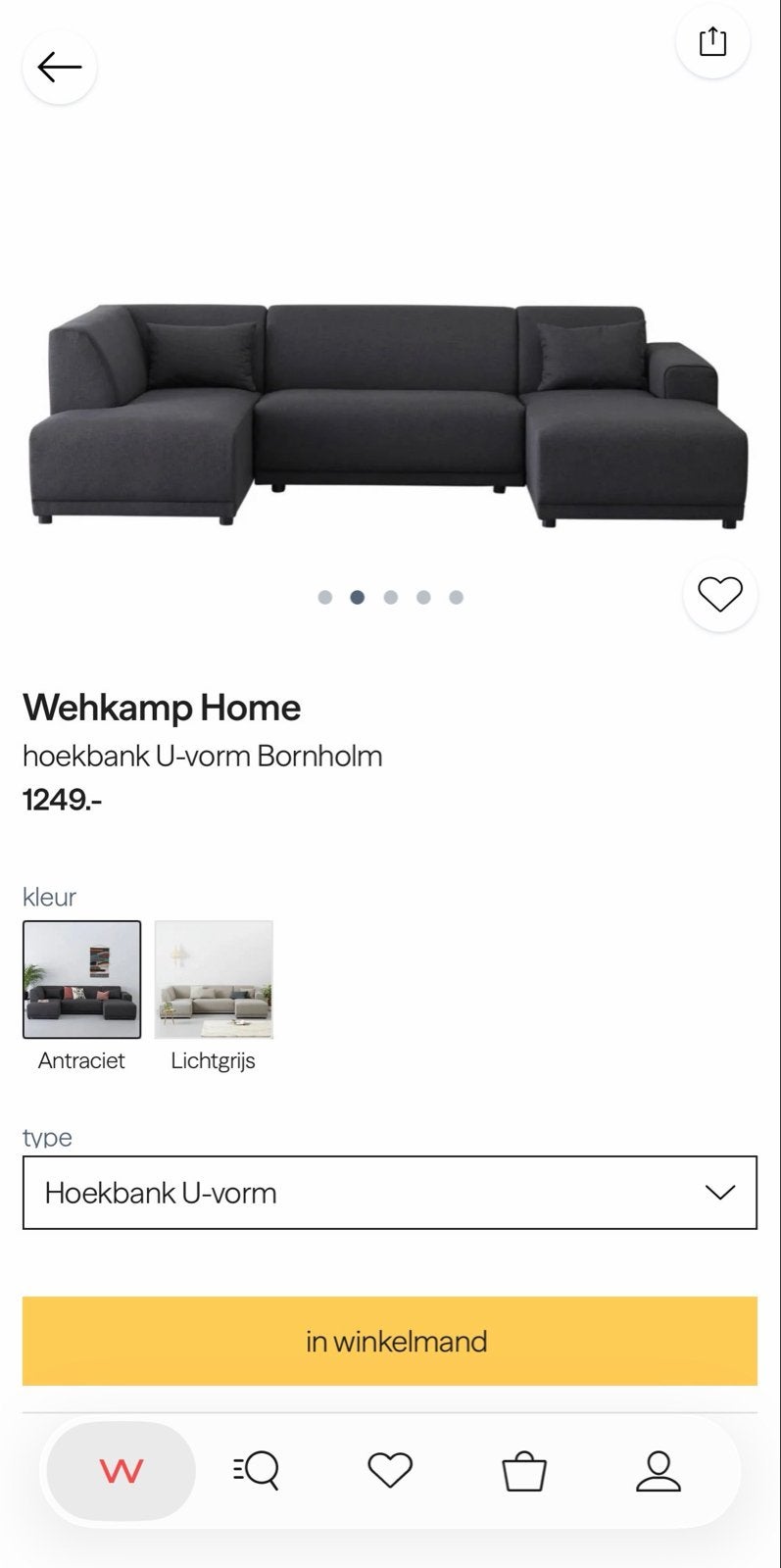 Wehkamp Bornholm U-vorm hoekbank stof grijs antraciet, Huis en Inrichting, Banken | Bankstellen, Ophalen, 250 tot 300 cm, Gebruikt