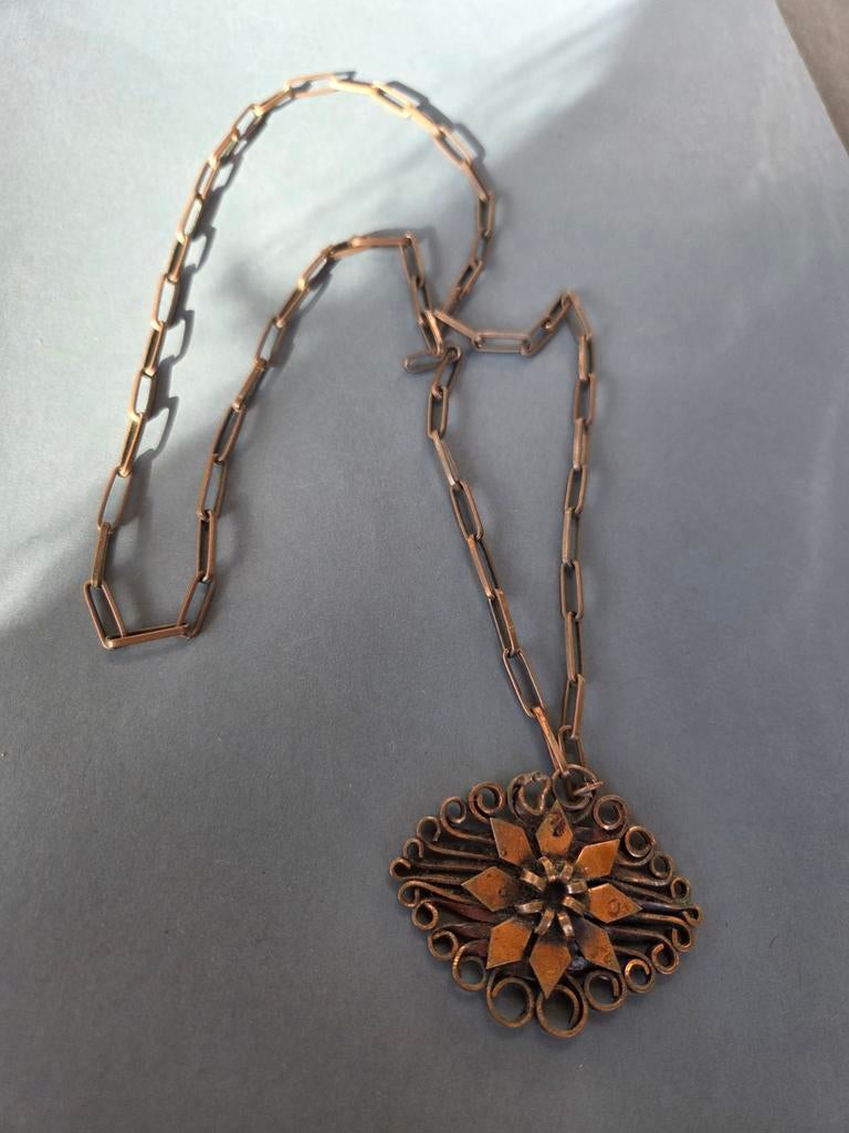 vintage mcm brutalist necklace brons, Verzenden, Gebruikt, Bruin, Overige materialen