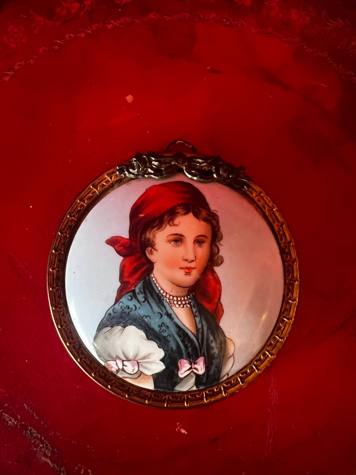 Antieke Miniatuur Portret Schilderij in Bronzen Frame, Ophalen of Verzenden