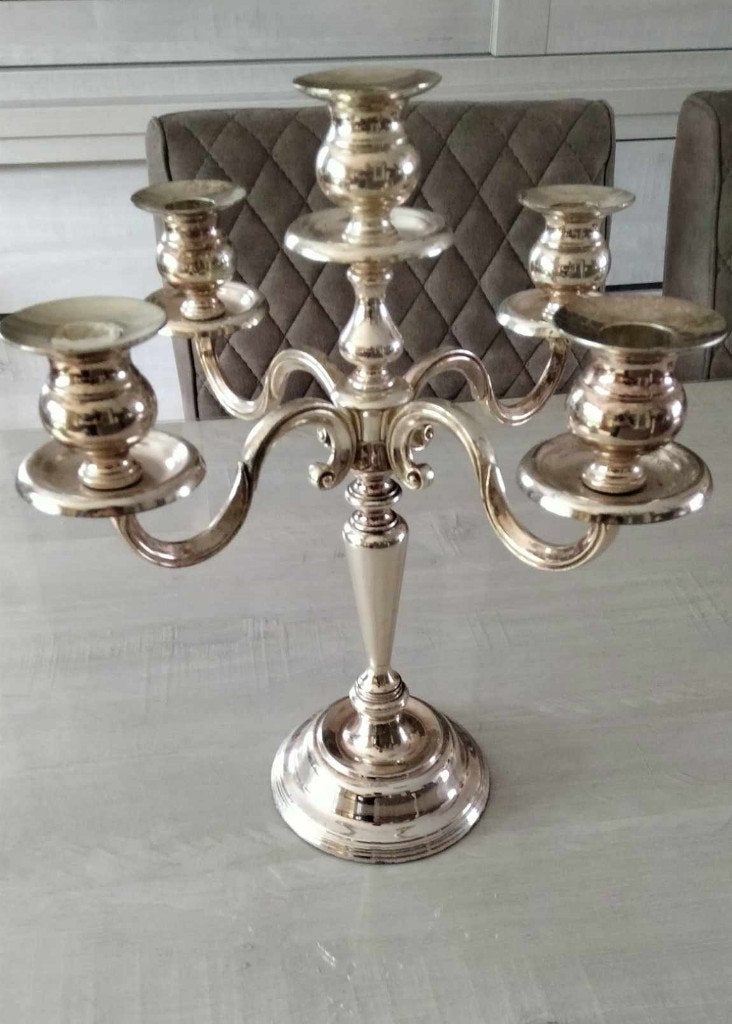 grote kandelaar verzilverd 5 kaarsen, Gebruikt, 36 cm, Ophalen of Verzenden, Metaal