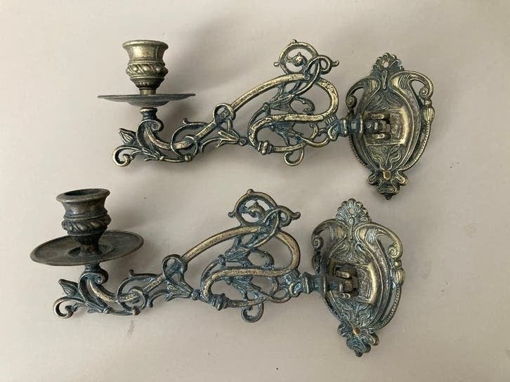 Antieke koperen piano- of wandkandelaars, set van 2, Antiek en Kunst, Antiek | Kandelaars, Ophalen of Verzenden, Koper of Brons