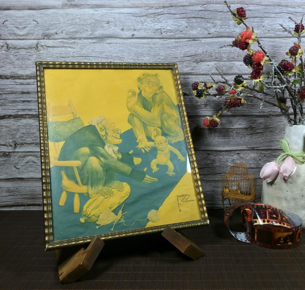 Vintage Lawson Wood Prent Apen Gran'pop Jaren 30 40 -W2.m, Gebruikt, Verzenden, Voor 1940, Prent