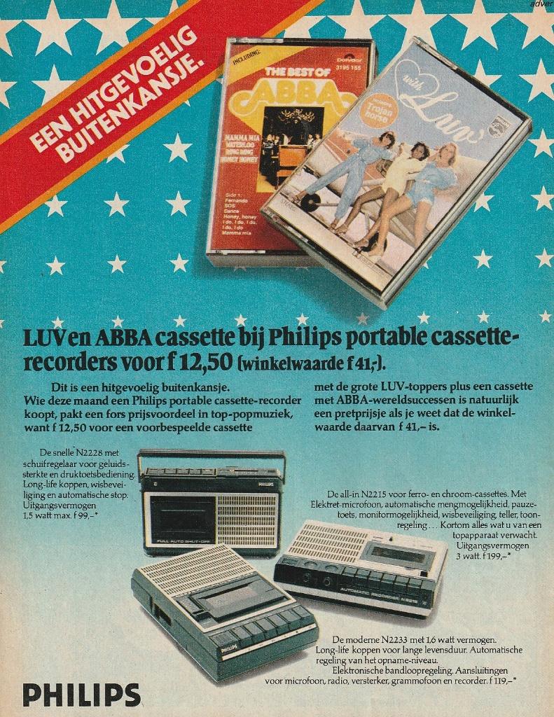 Retro reclame 1980 Philips met ABBA & Luv cassettebandjes, Verzenden, Overige typen