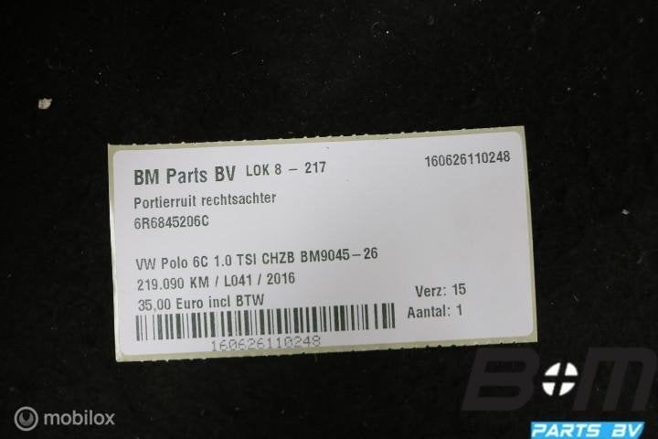 Portierruit rechtsachter VW Polo 6C 6R6845206C, Auto-onderdelen, Gebruikt