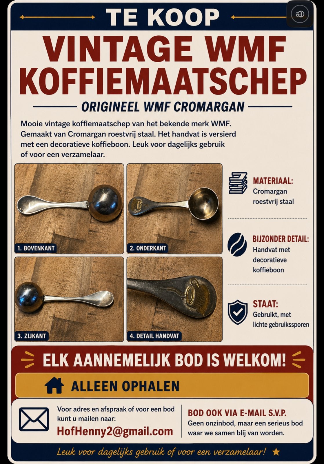 Vintage WMF Cromargan Koffiemaatschep met Koffieboon, Antiek en Kunst, Ophalen of Verzenden