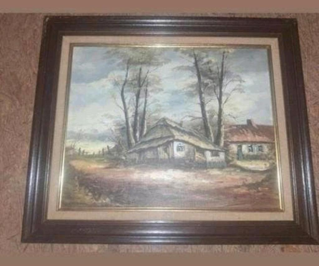 Gesigneerd Schilderij: Landelijk Tafereel met Huisjes en Wat, Antiek en Kunst, Ophalen