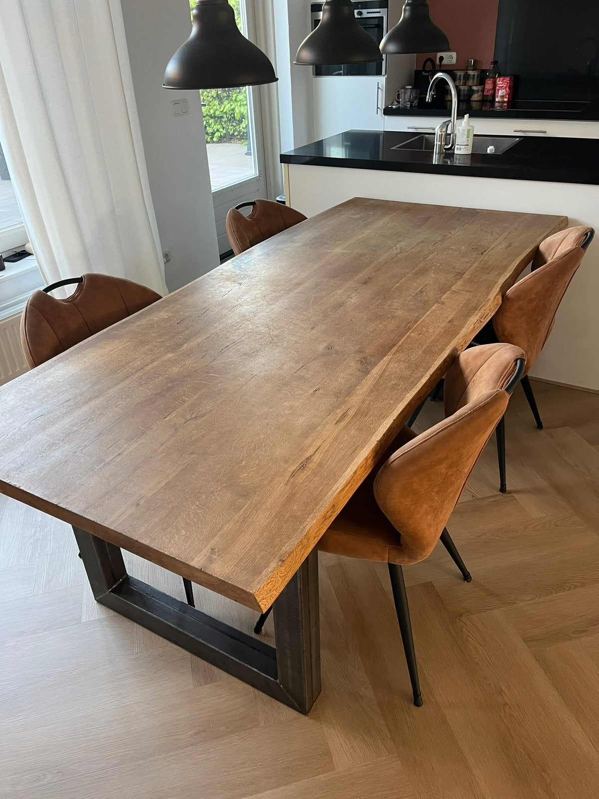Eettafel massief eiken blad met stalen poten, Ophalen, 200 cm of meer, 50 tot 100 cm, Zo goed als nieuw