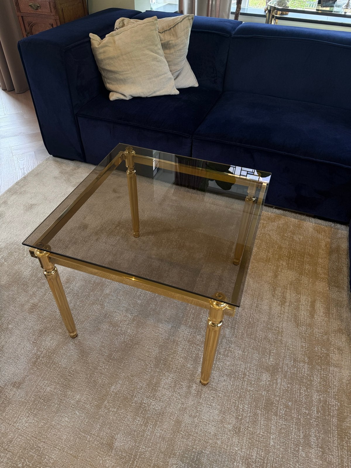 Vintage Gouden Salontafel met Glazen Blad, Huis en Inrichting, Ophalen, 50 tot 100 cm, 50 tot 100 cm, 5 – 50