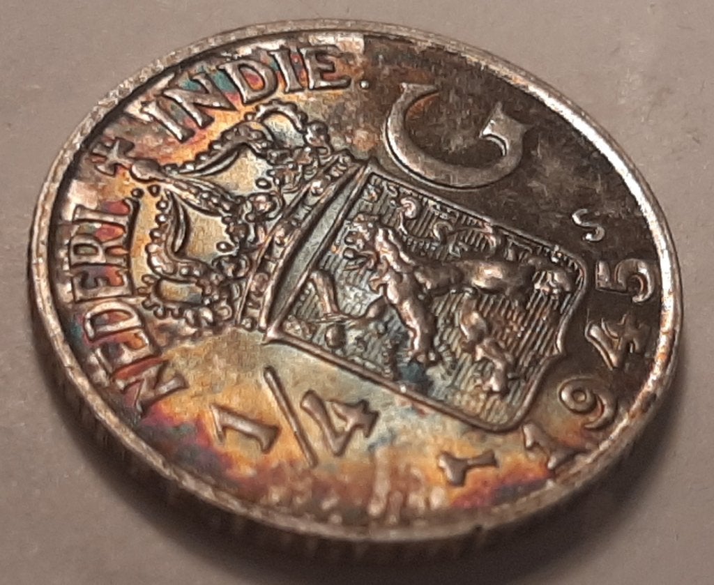 zilveren muntje ned indie 1945  mooie patina, Ophalen of Verzenden, Koningin Wilhelmina, 25 cent, Zilver