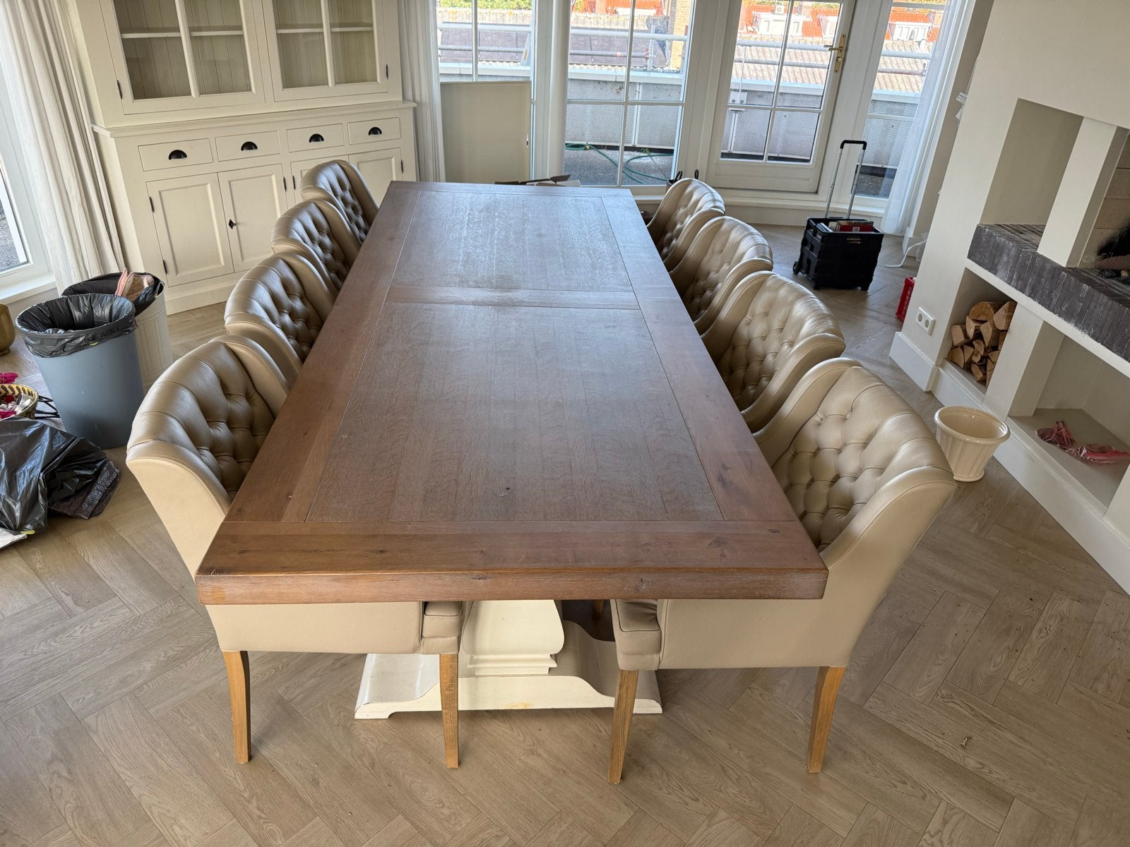 TOSCANE KLOOSTERTAFEL met 8 leren stoelen - 270x110x80 cm, Ophalen, Gebruikt, 100 tot 150 cm, 200 cm of meer
