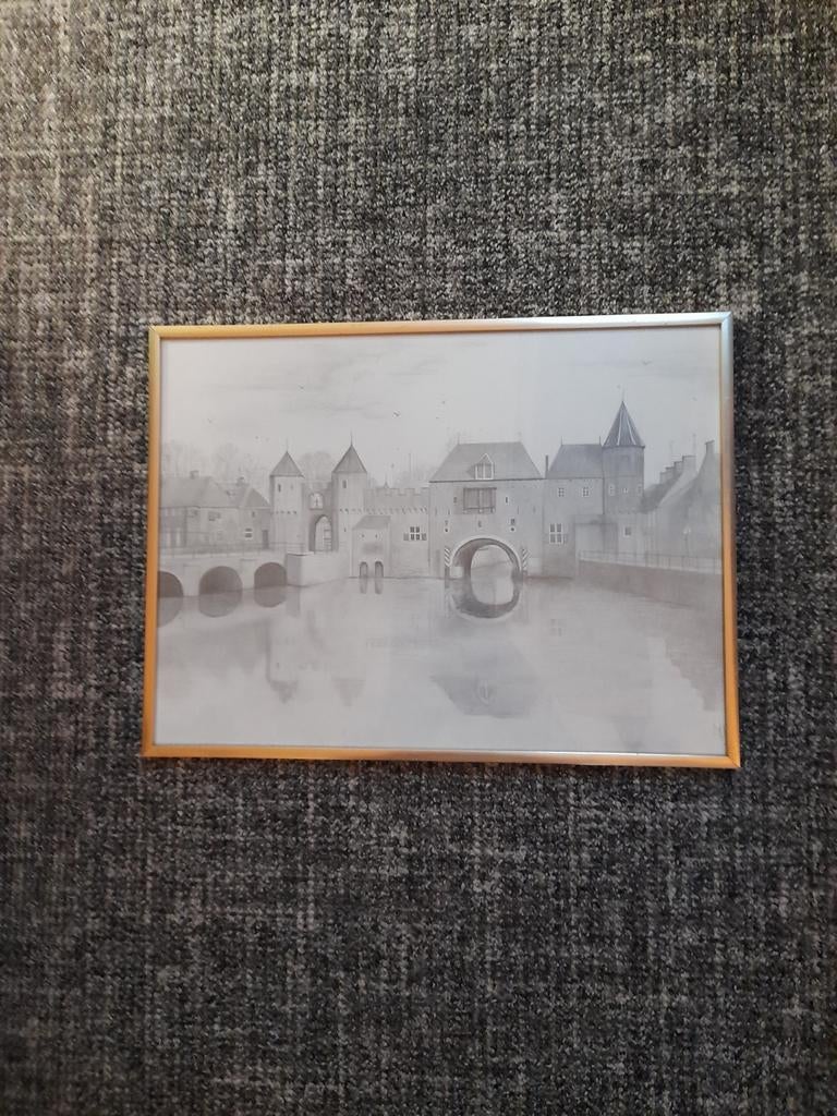 Ingelijste zwart-wit tekening van een stad aan het water, Antiek en Kunst, Ophalen of Verzenden
