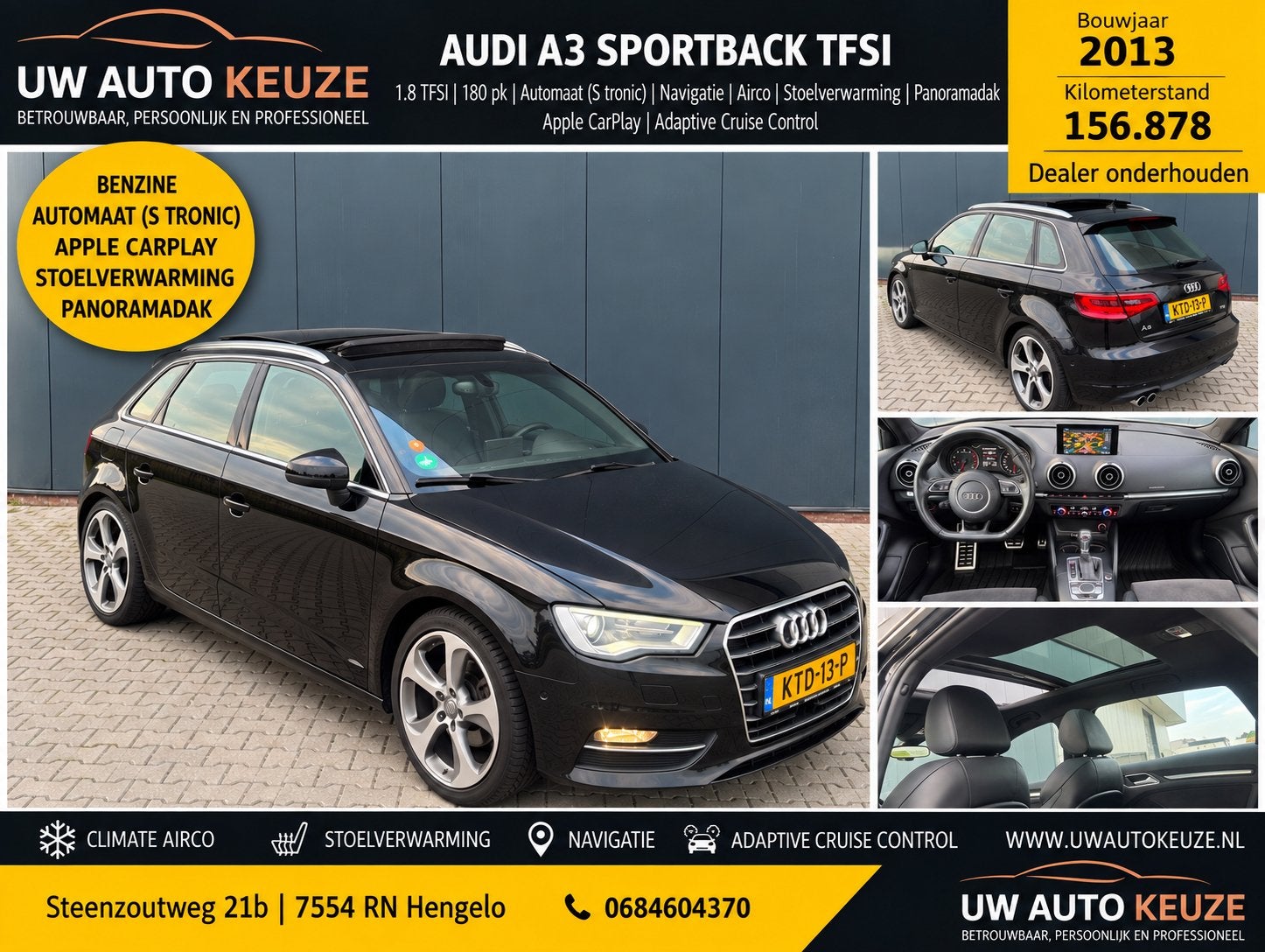 Audi A3 1.8 Tfsi AUT  Panorama alcantara B&O ACC Carplay, 4 cilinders, 179 pk, Parkeerassistent, Zwart