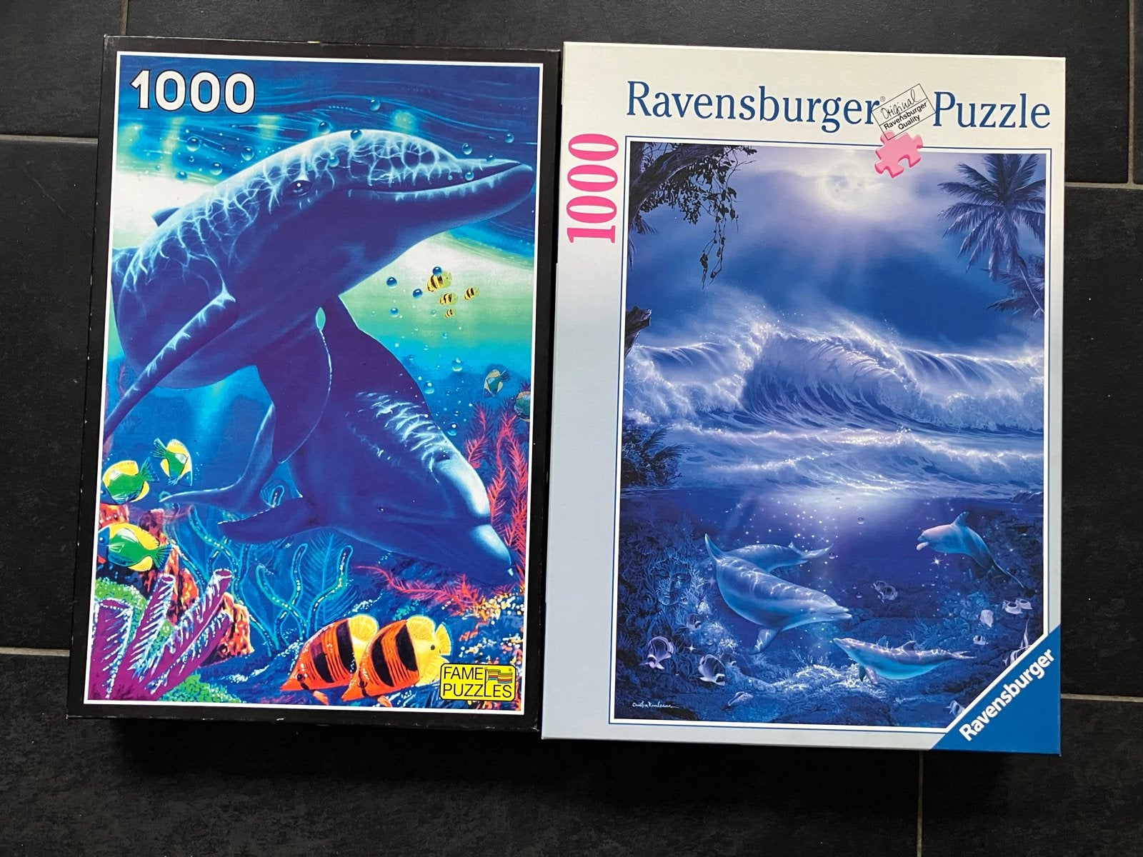 2 dolfijnen puzzels van 1000 stukjes, Hobby en Vrije tijd, Ophalen of Verzenden, 500 t/m 1500 stukjes, Gebruikt, Legpuzzel
