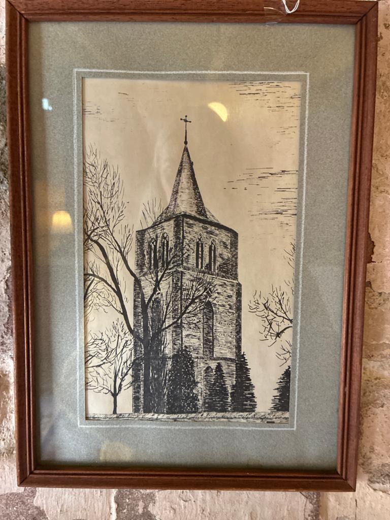 Vintage ingelijste tekening van een kerktoren, Antiek en Kunst, Kunst | Tekeningen en Foto's, Ophalen of Verzenden