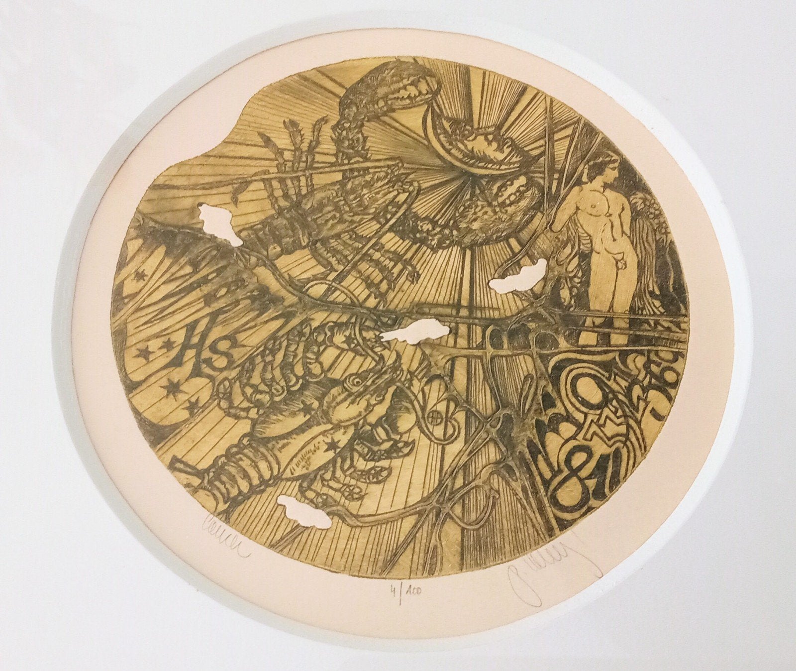 Bijzondere Ets: Mythologisch tafereel met kreeften, Mythologie, Ophalen of Verzenden, Genummerd, 1950 - 1999