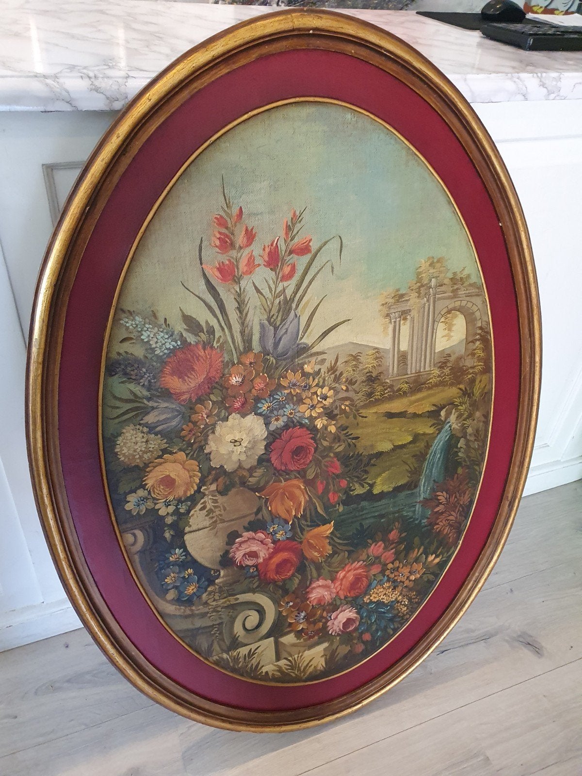 Olieverf Schilderij op Hout - Bloemen en Landschap Ovaal, Antiek en Kunst, Kunst | Schilderijen | Klassiek, Bloemen, Paneel, Ophalen of Verzenden