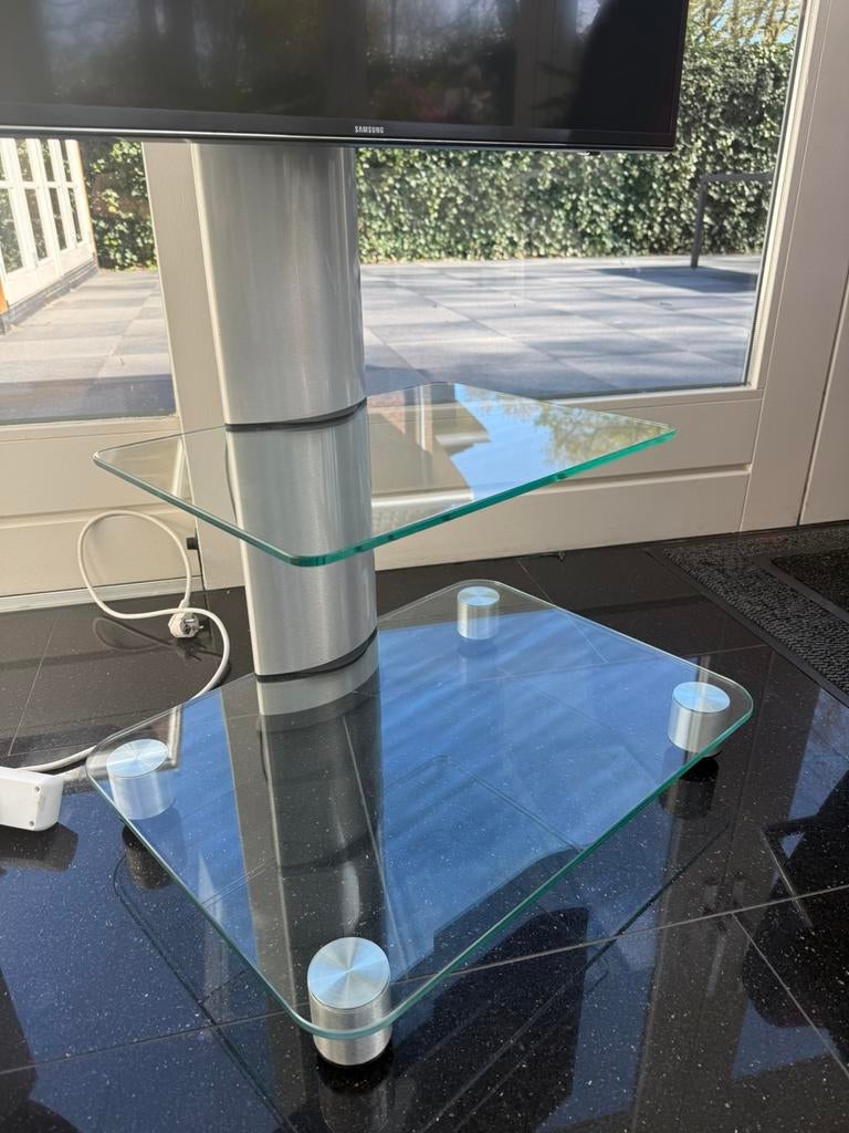 Glazen tv meubel voet draaibaar, Ophalen, Zo goed als nieuw