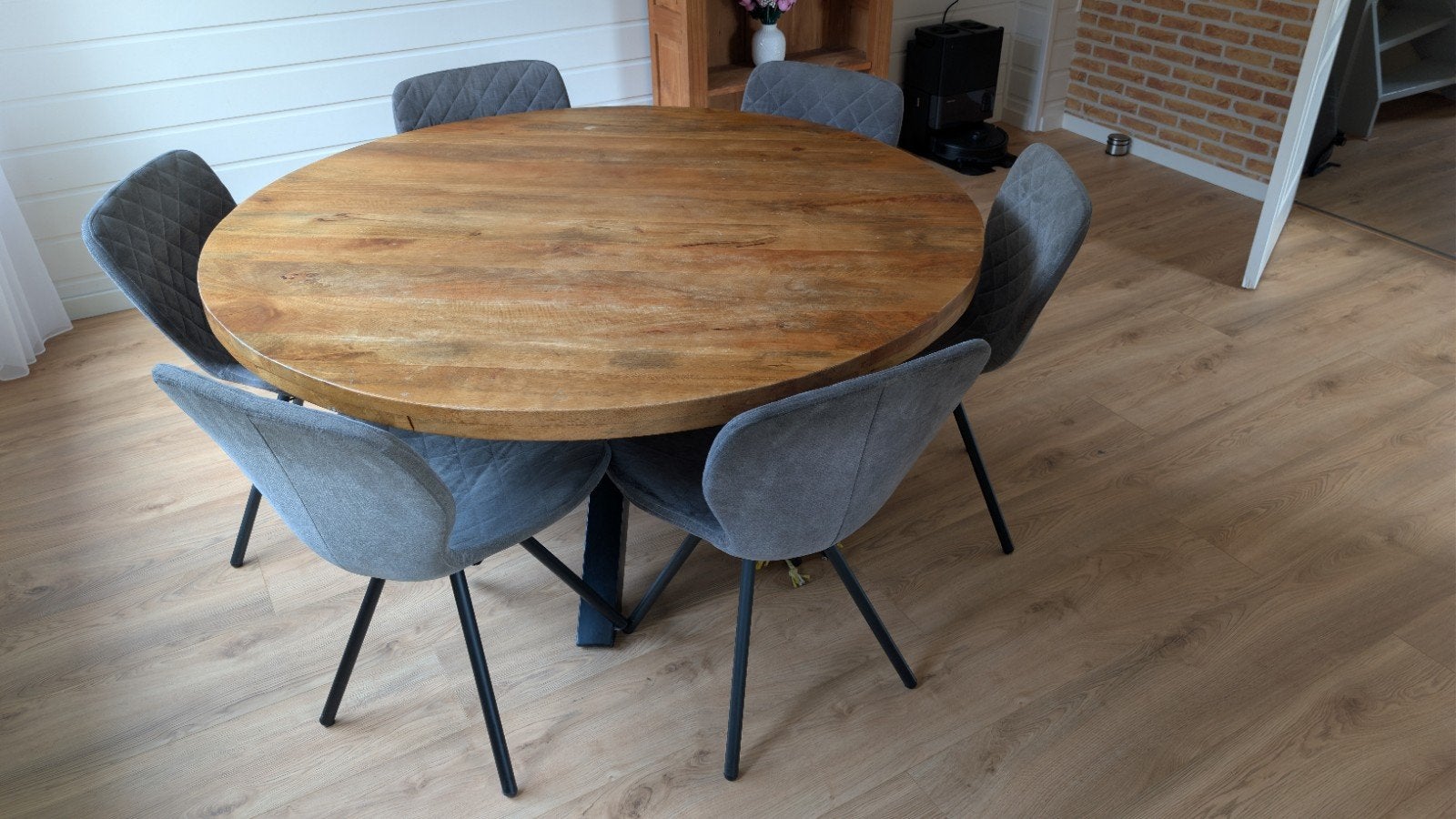 Elegante ronde eettafel met 6 stoelen - Hout en staal, Gebruikt, Rond, Vijf personen of meer, Ophalen
