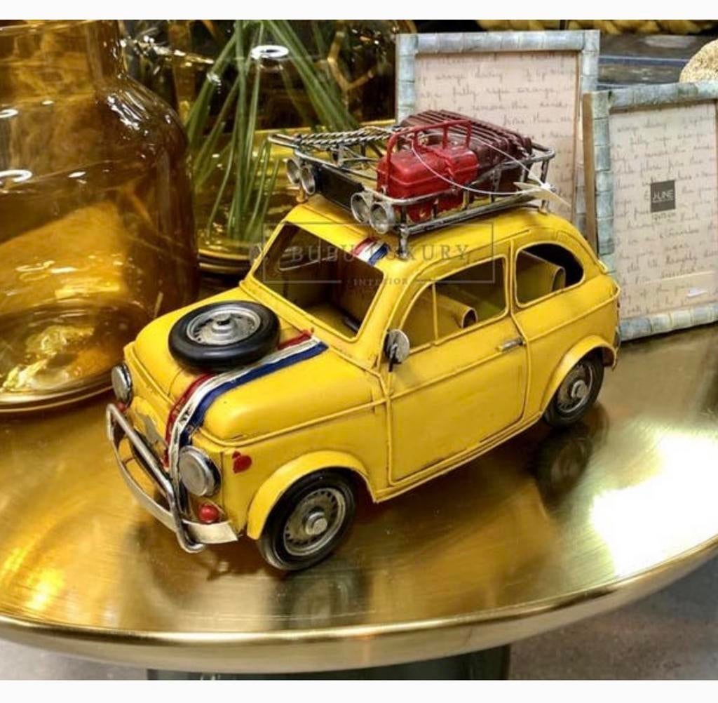 Retro Modelauto Fiat 500-look geel Vintage metalen XL auto, Hobby en Vrije tijd, Modelauto's | Overige schalen, Auto, Nieuw, Ophalen of Verzenden