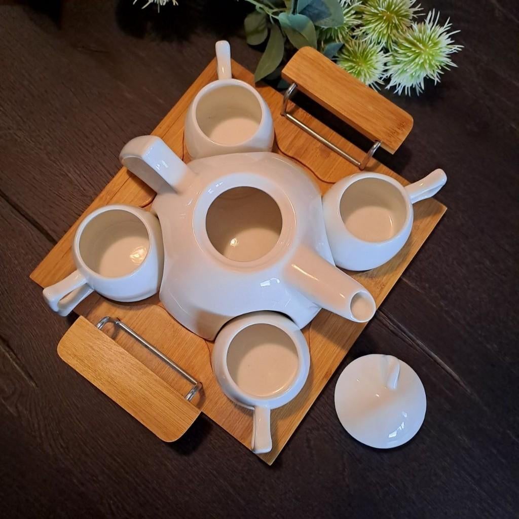 Porseleinen theeset met bamboe dienblad – theepot + 4 kopjes, Ophalen, Overige typen, Nieuw, Overige stijlen