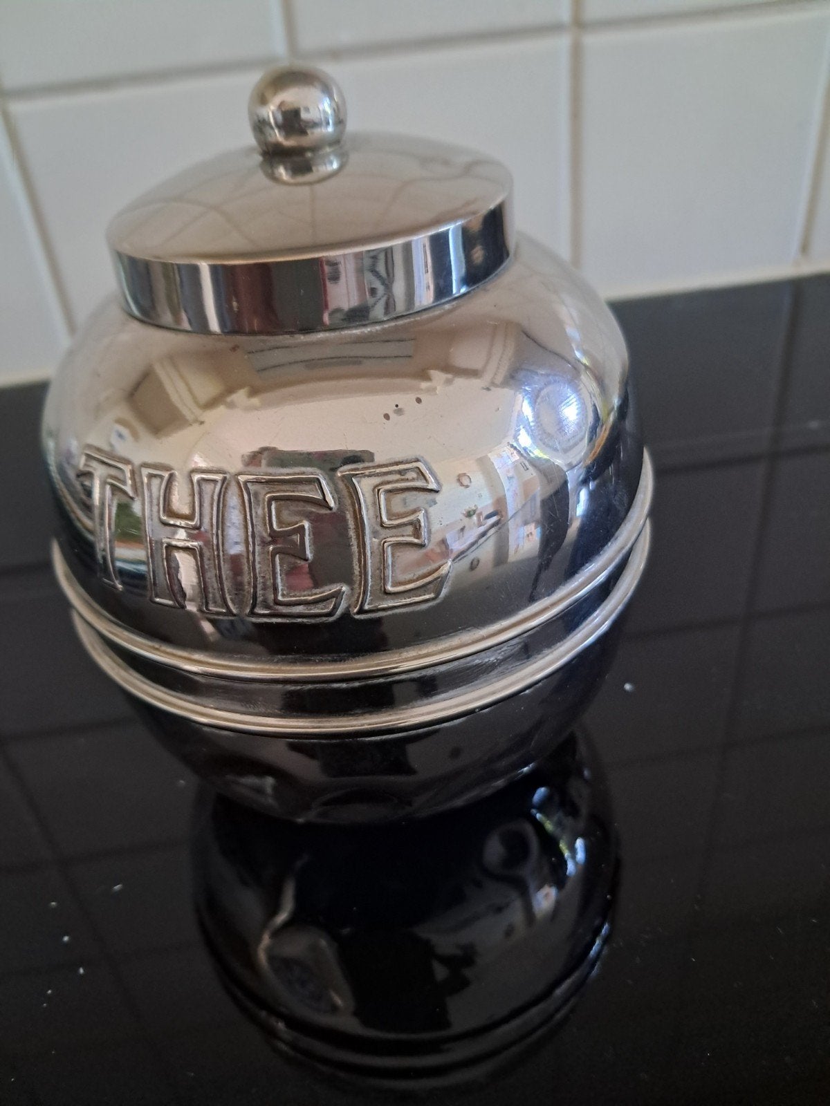Vintage Verzilverde Theebus met 'THEE' Inscriptie, Ophalen of Verzenden