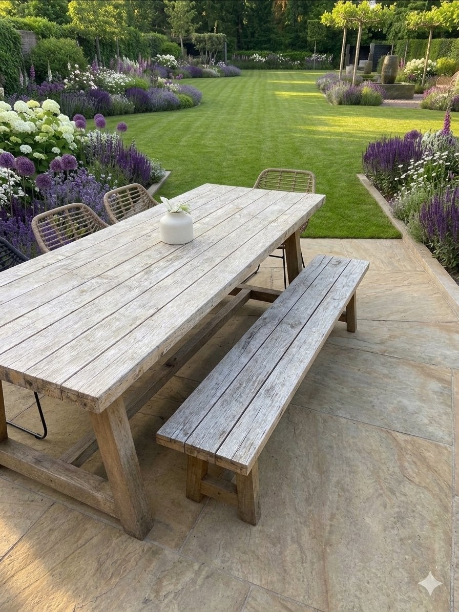 Karwei Eettafel en bank Lugo - 3 meter - uitstekende staat, Tuin en Terras, Ophalen, Zo goed als nieuw, Rechthoekig, Hout