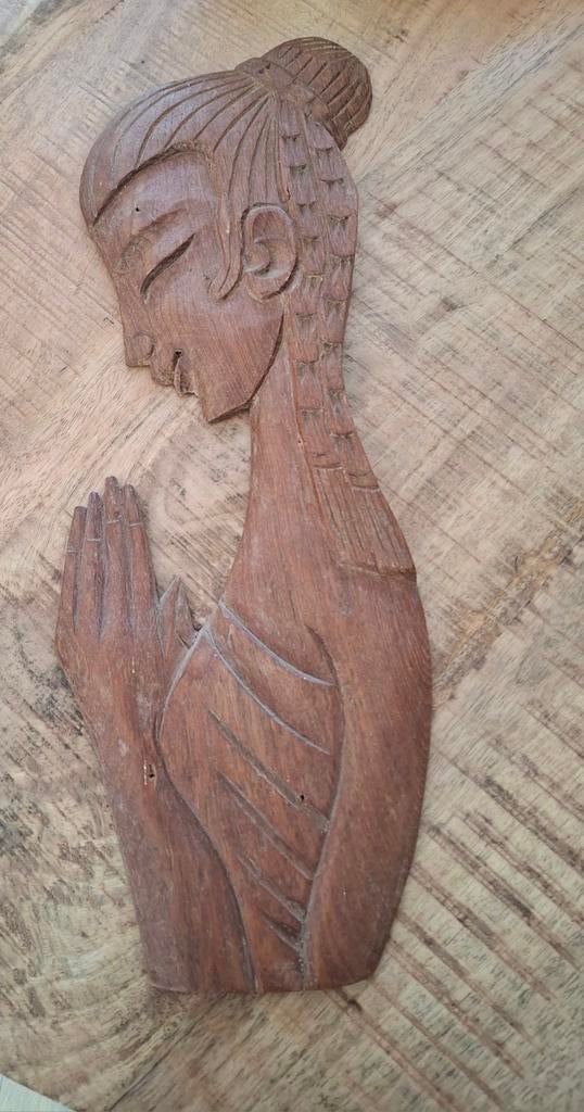 Art Deco Houten Houtsnijwerk Thaise Biddende Vrouw, Houtsnijwerk, Art deco, Ophalen of Verzenden, Handgemaakt