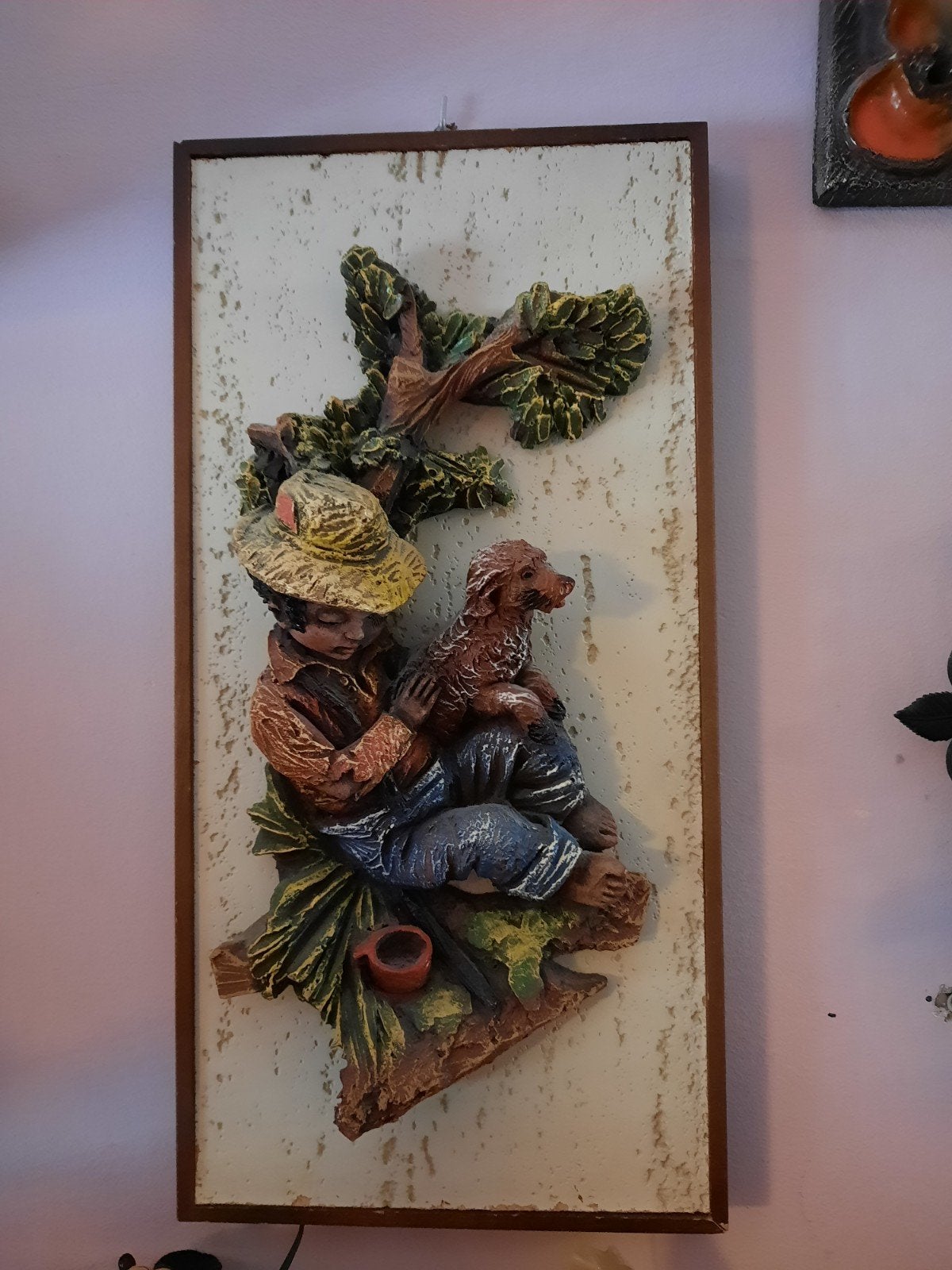 vintage wanddecoratie: Jongen met hond en Meisje met kittens, Ophalen of Verzenden, Wanddecoratie, Composieten, Beschilderd