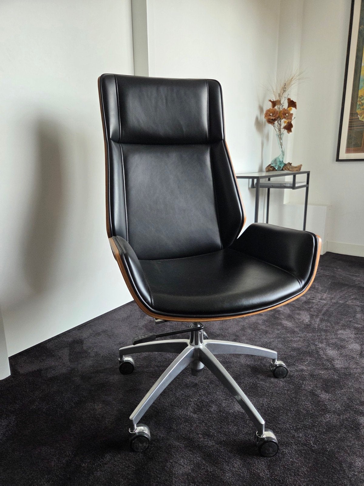 Luxe Bureaustoel - Zwart Leer & Hout, Huis en Inrichting, Bureaustoelen, Ophalen, Gebruikt, Zwart, Bureaustoel